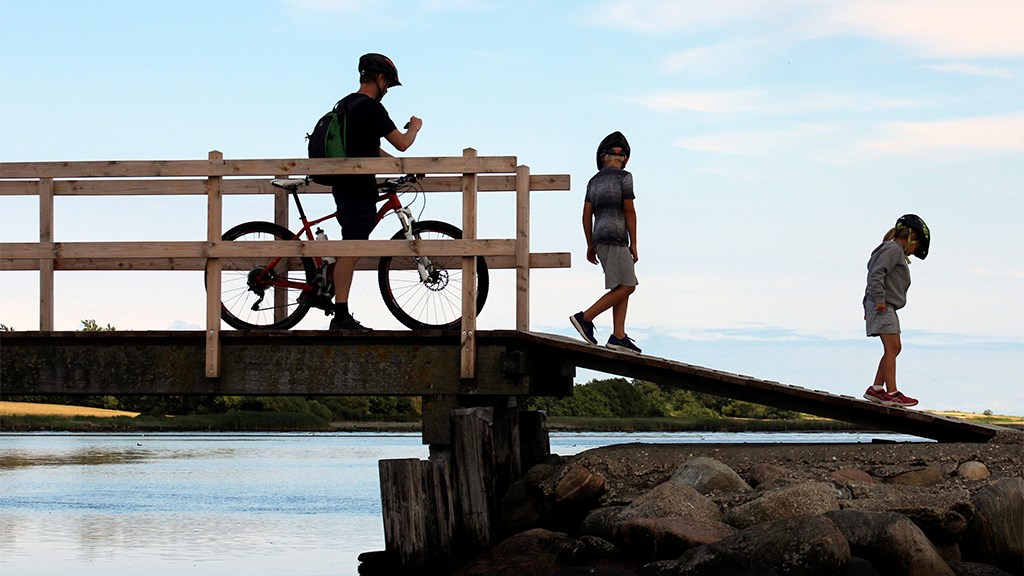 Far med to børn nyder udsigten på cykeltur ved bro hen over vand