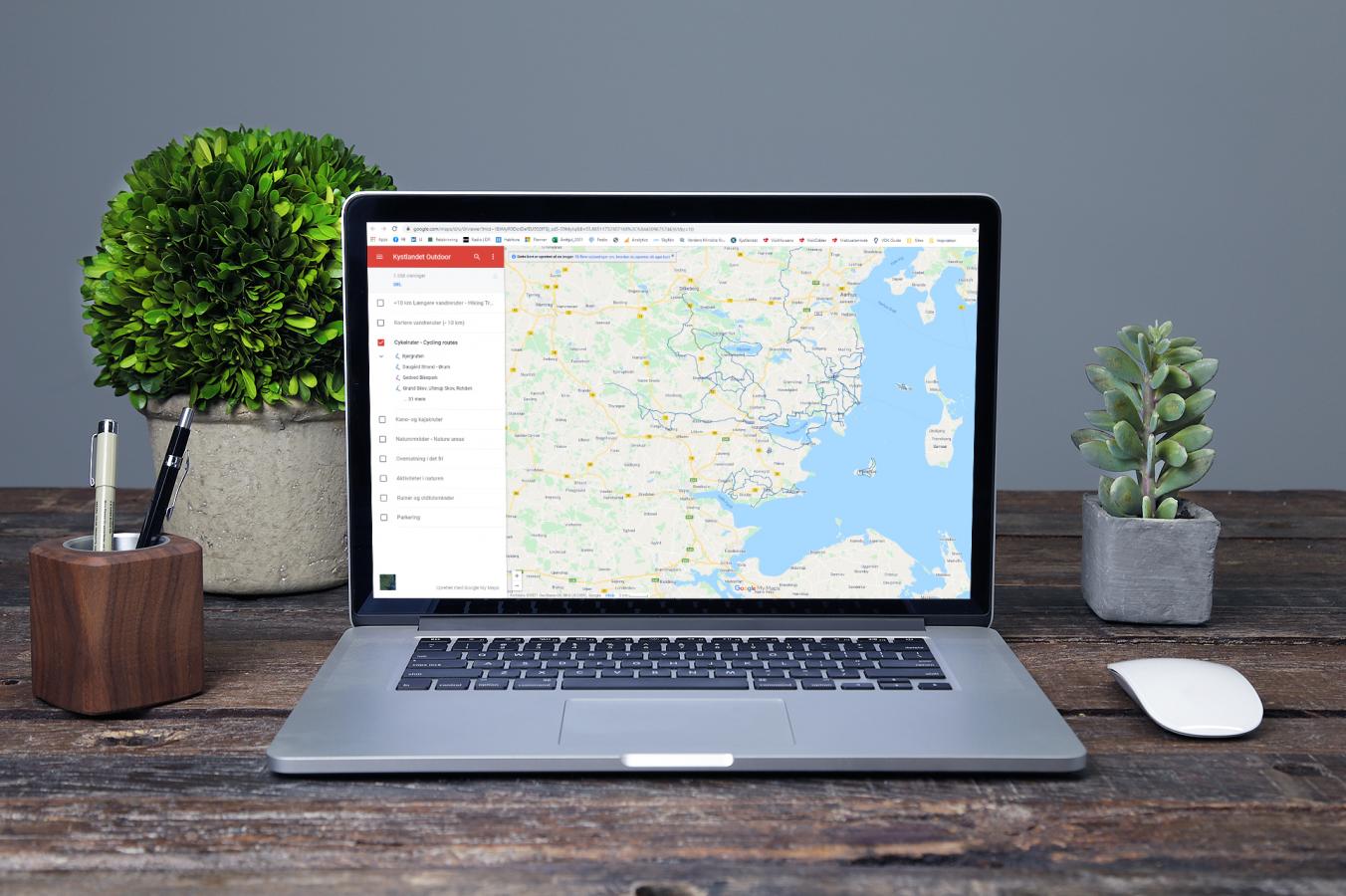 Screen with Google Maps of cycle routes in the Coastal Land