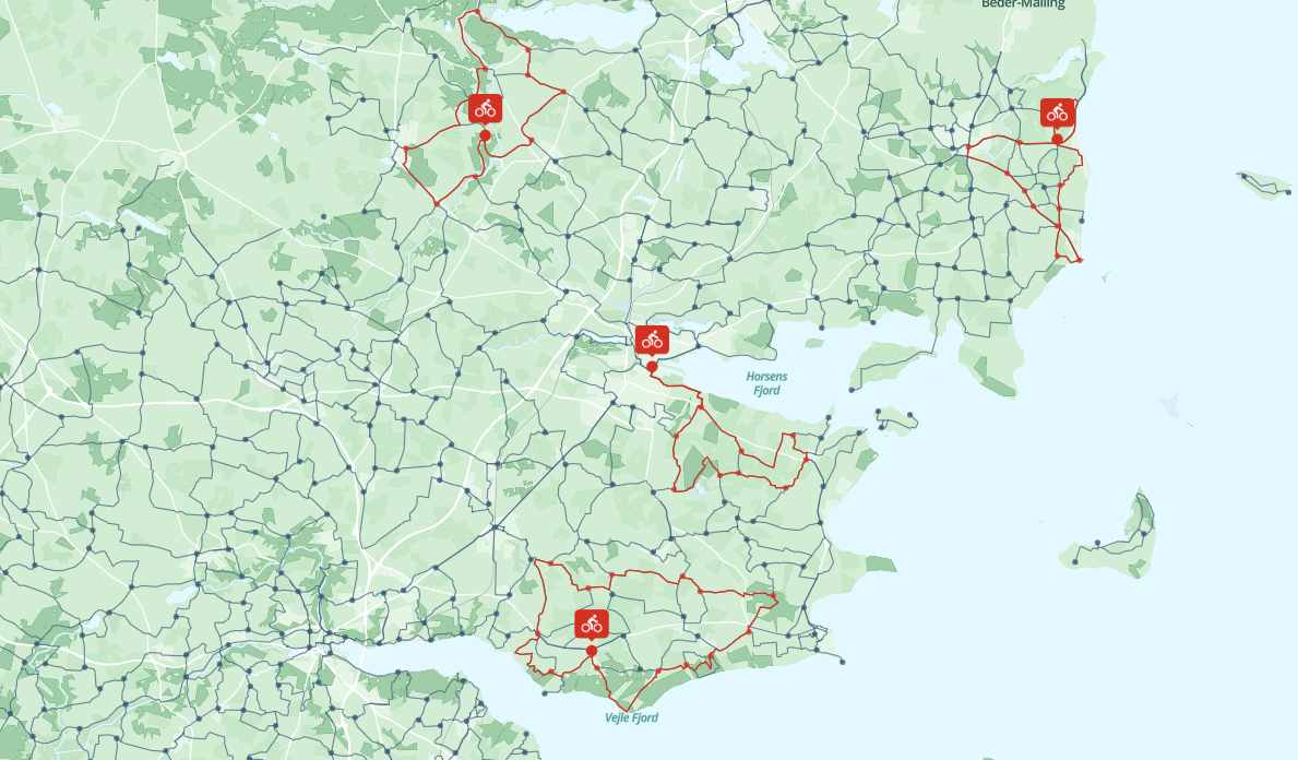 Skærmbillede af kortvisning af turforslag på cykel i Kystlandet via cykelnettet
