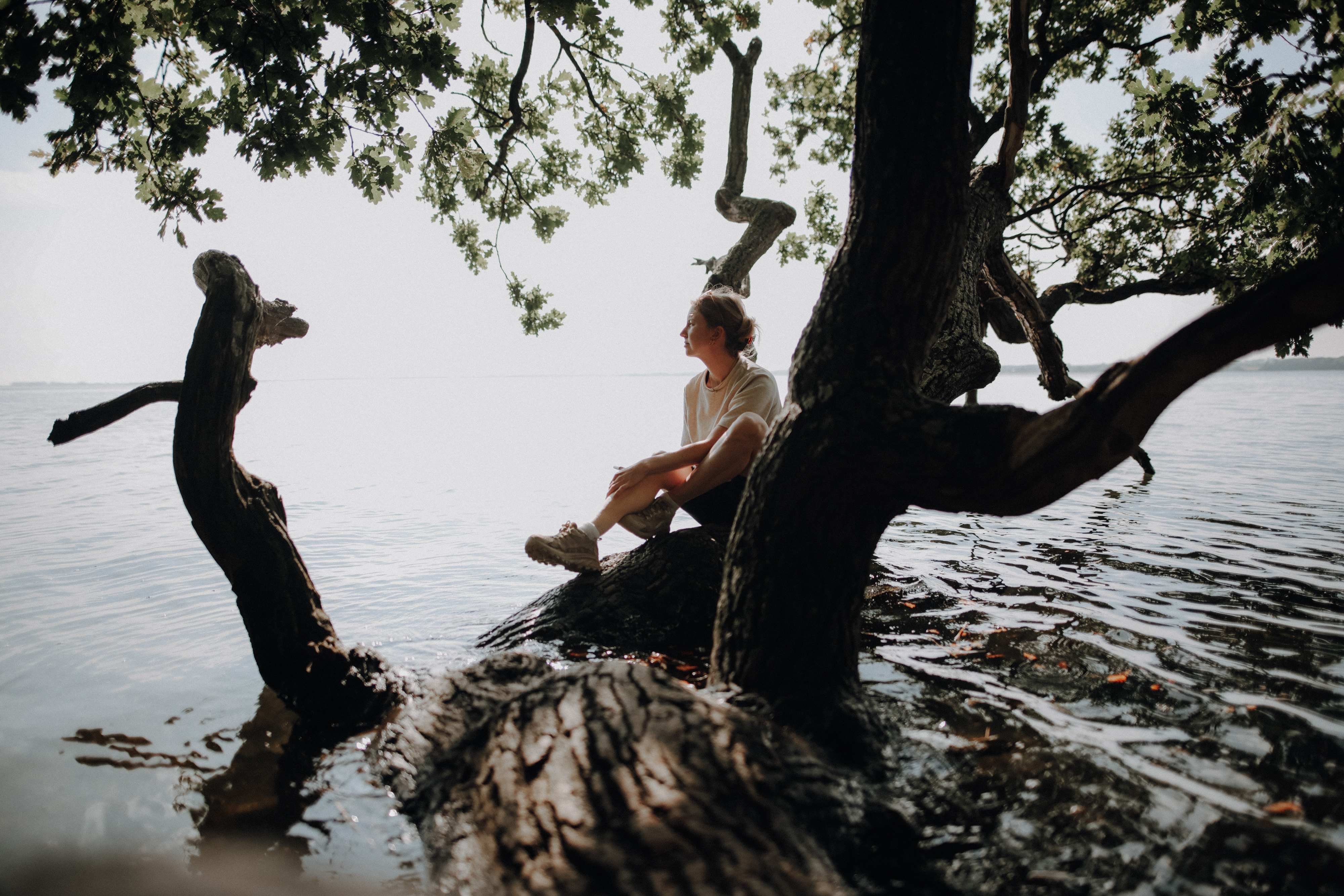 Woman sitting in a tree at Horsens Fjord in Denmark