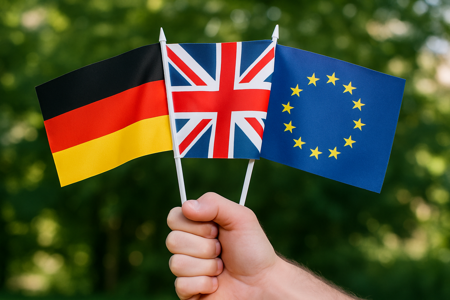 Det tyske flag, Storbritanniens flag og EU-flaget bliver holdt i en hånd