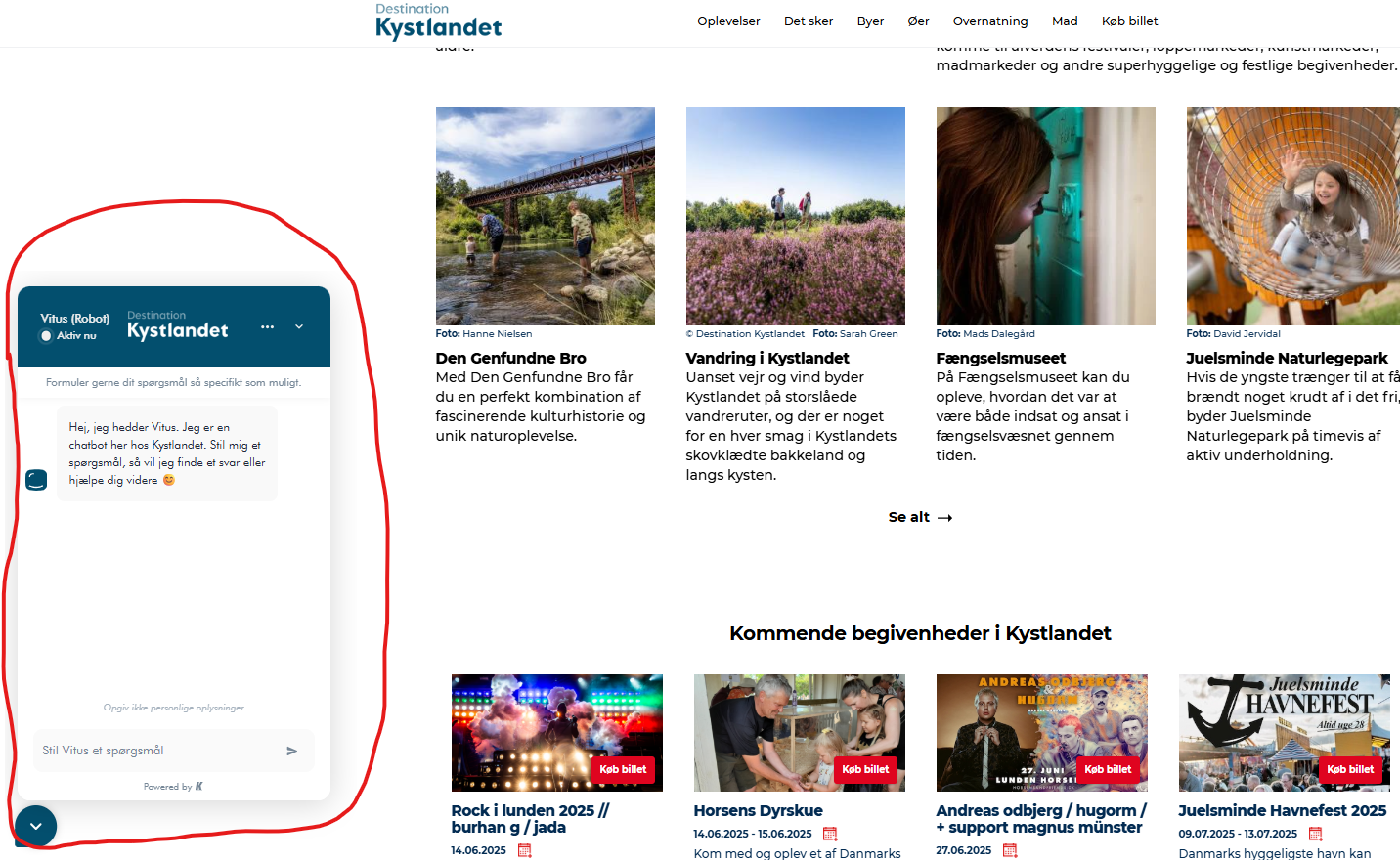 Et screenshot af chatboten på Destination Kystlandets website