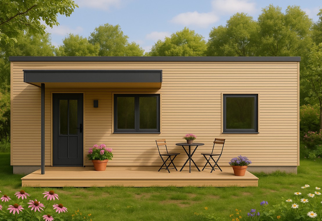 En hytte fra Hedensted Centret set udefra