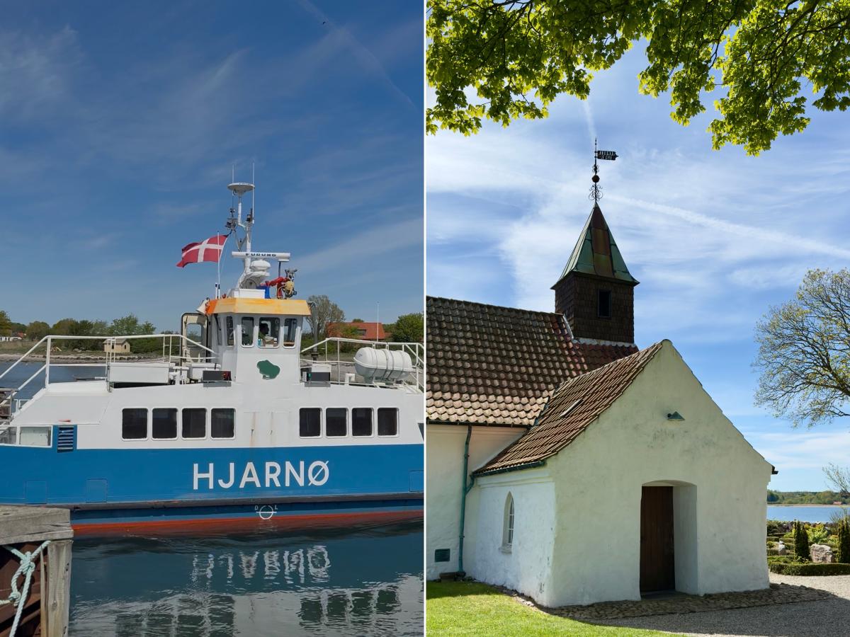 Collage med billeder af Hjarnøfærgen og Hjarnø Kirke