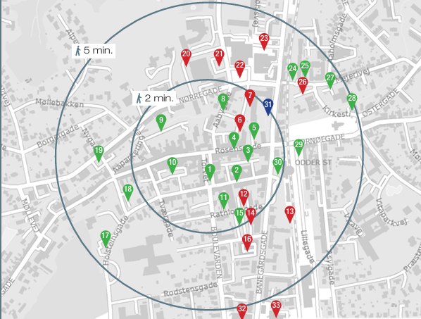 Kort over parkeringspladser i Odder Centrum