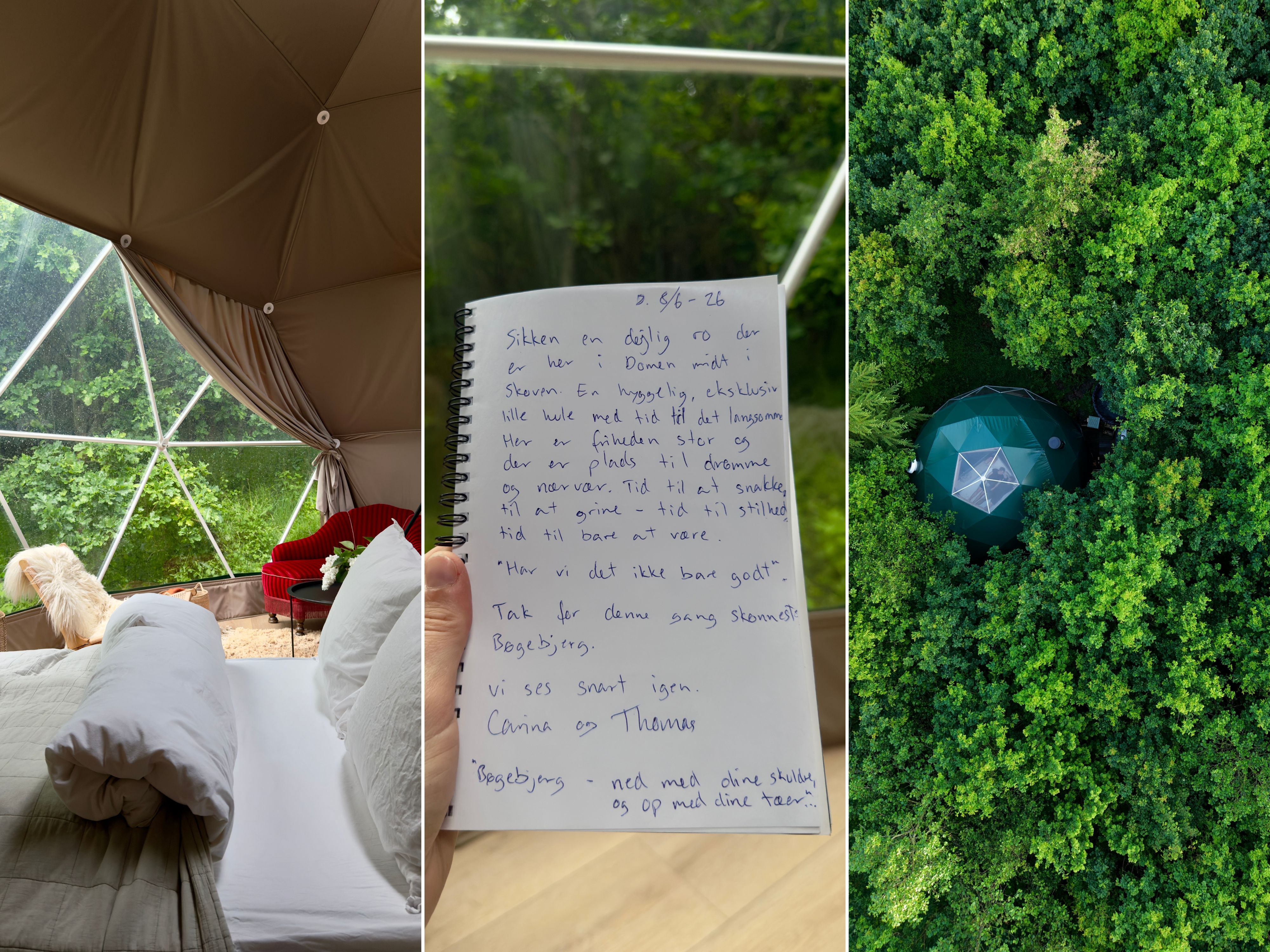En collage med tre billeder fra Bøgebjerg, domen indefra, et gæstebrev og et dronefoto udefra
