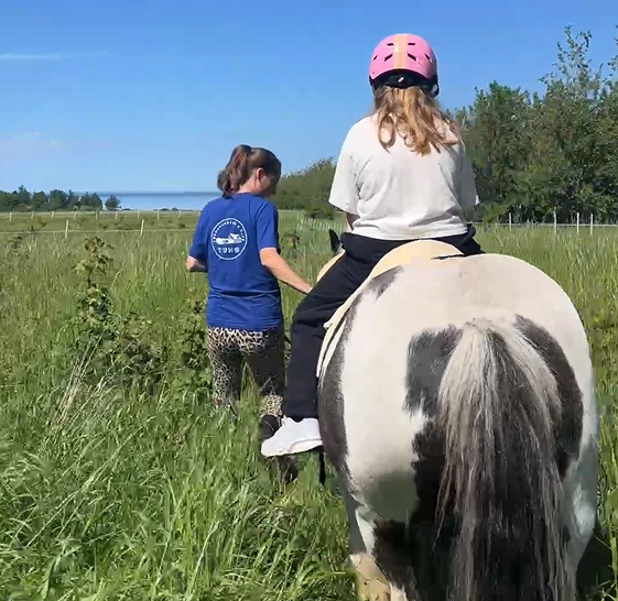 Lille pige på trækketur på en pony på Tunø