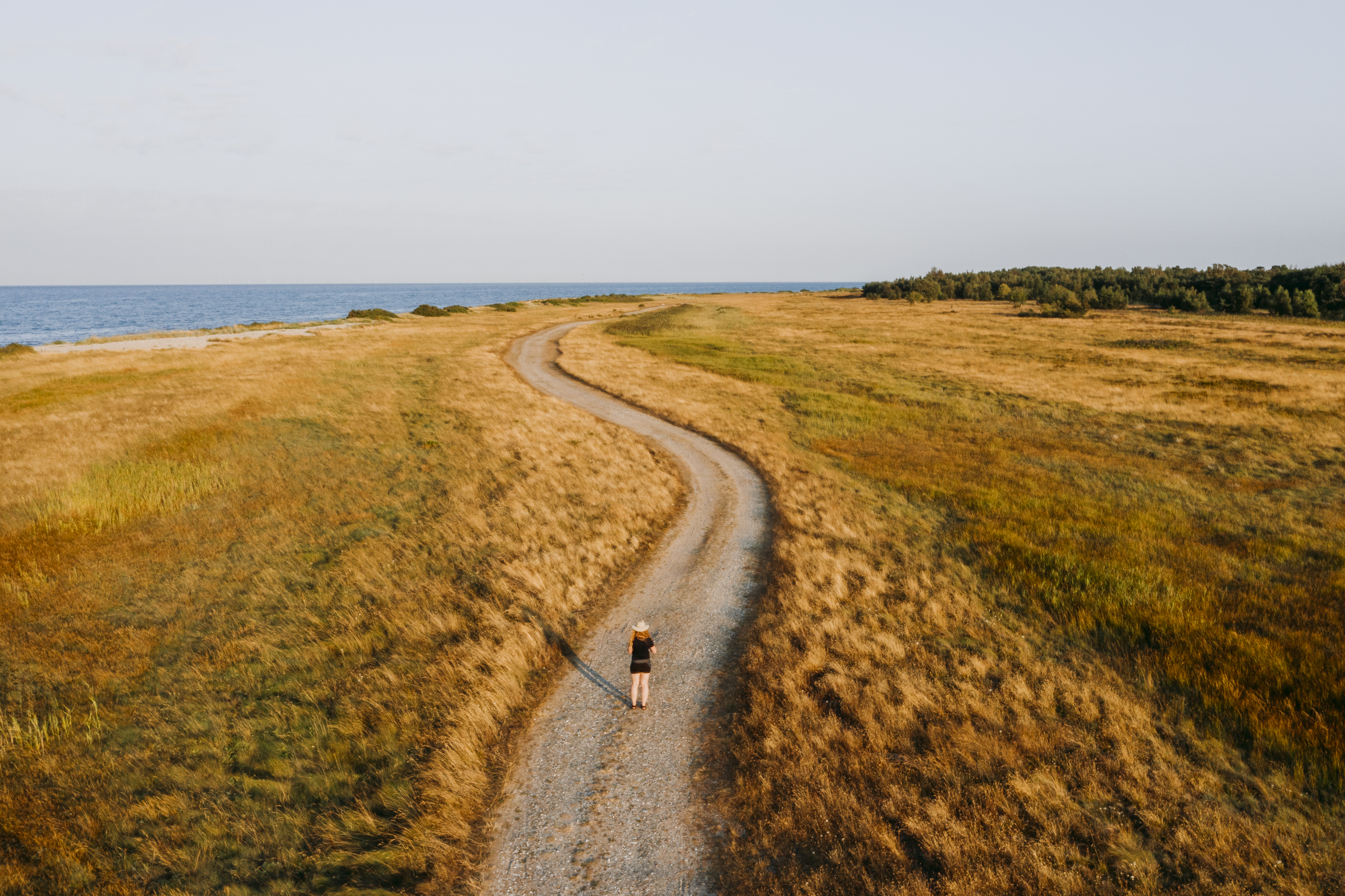 Dronefoto af kvinde som går på sti gennem Øvre på Endelave