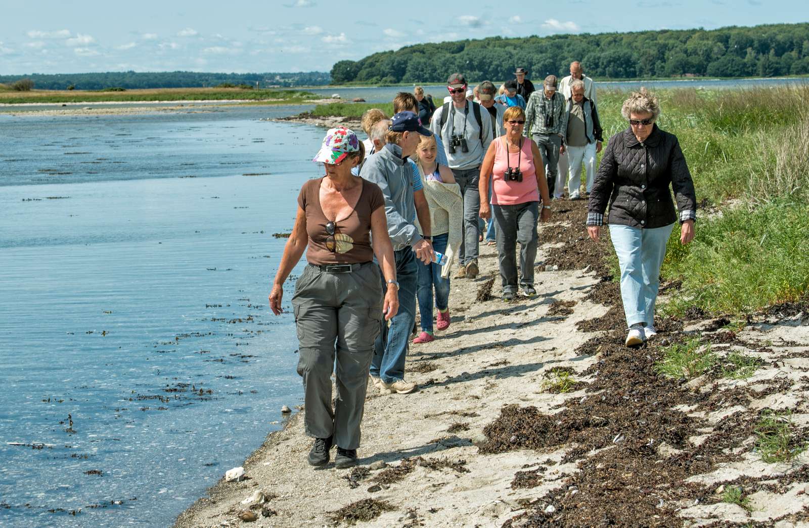 En gruppe på gåtur på stranden på Vorsø