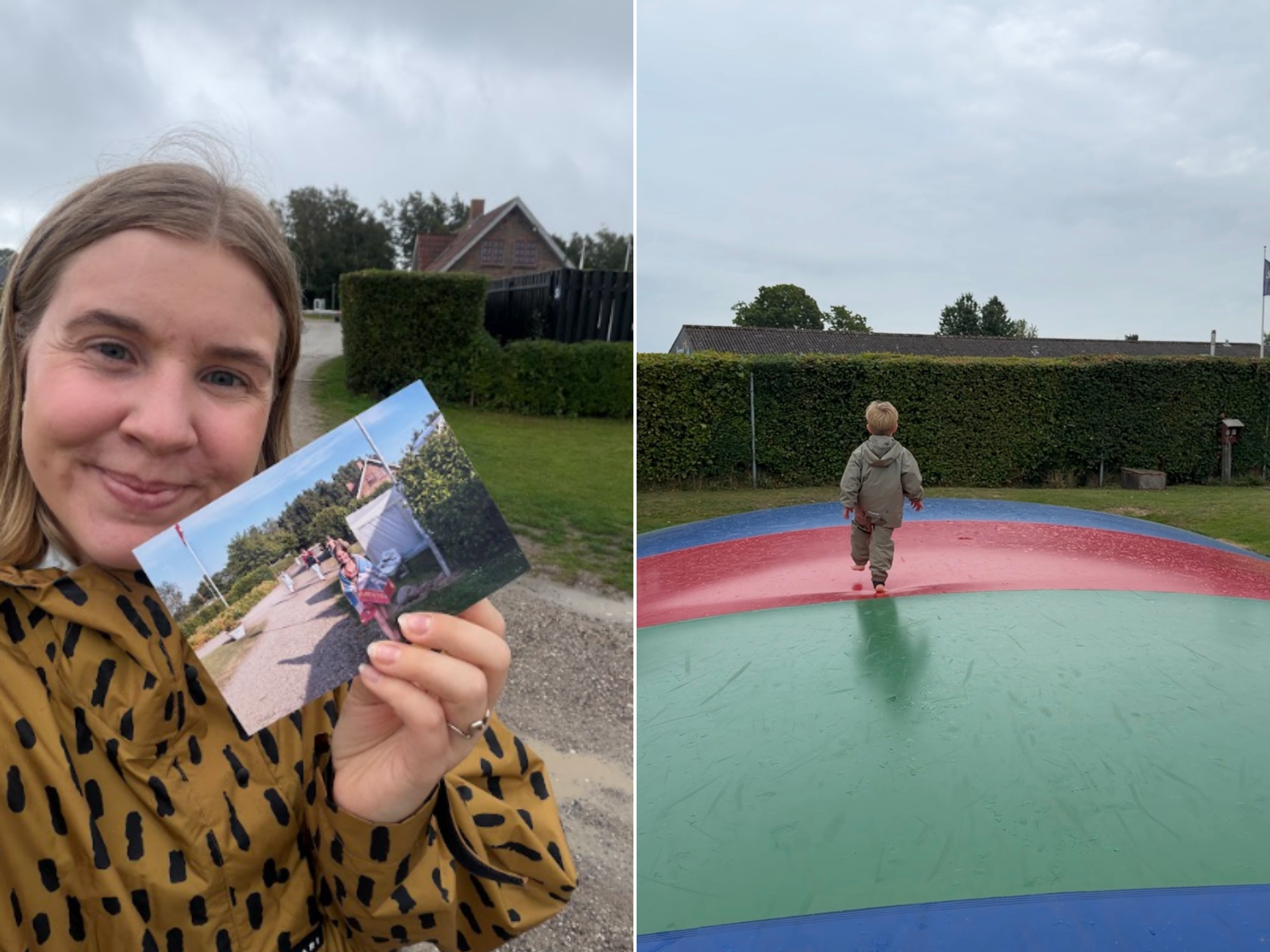 Til venstre: En kvinde holder et billede op af sig selv som barn på Saksild Strand Camping. Til højre: En dreng på en hoppepude.