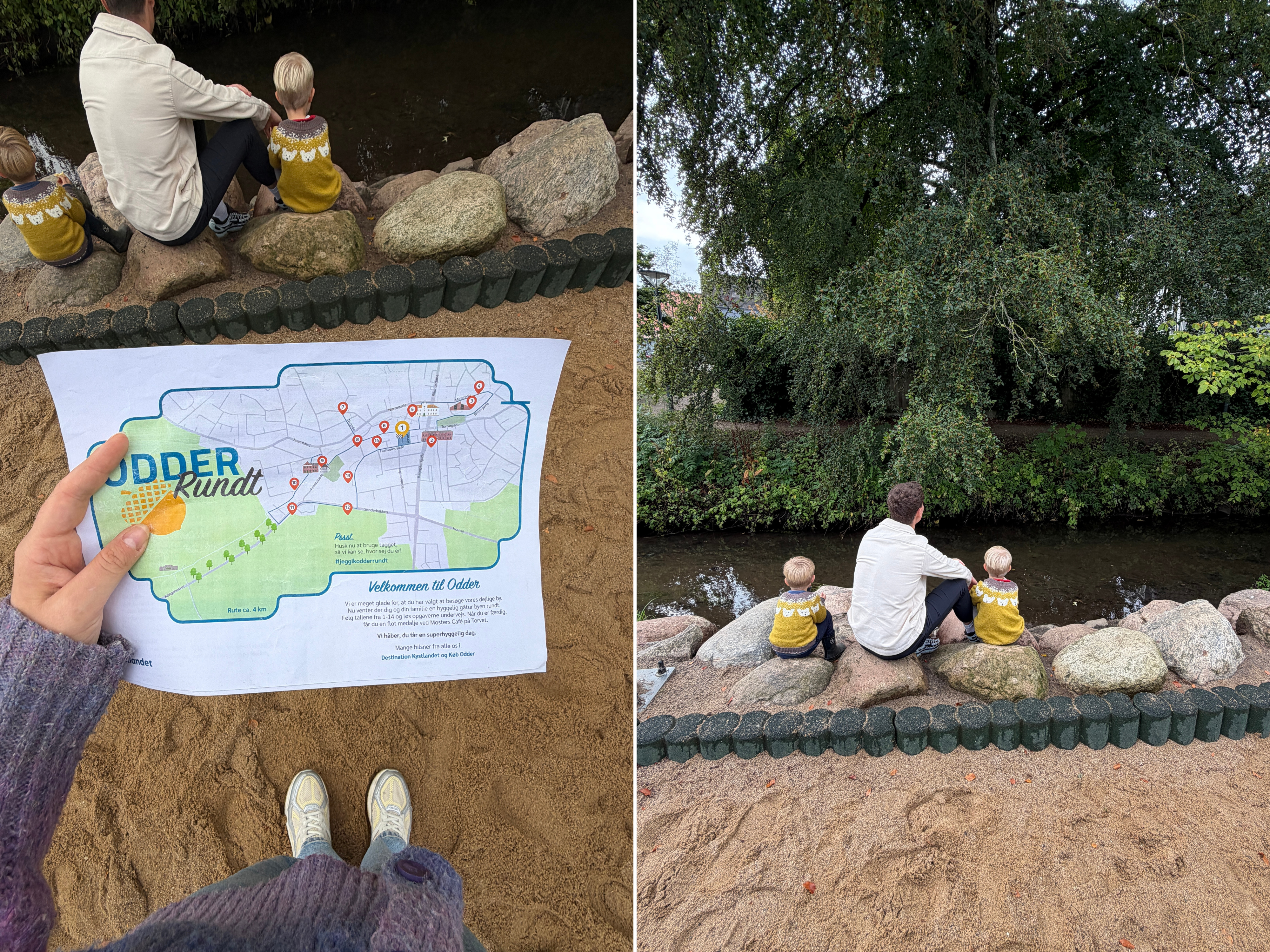 Til venstre: Skattekort holdes op med børn i baggrunden i Odder. Til højre: En far og hans to sønner i matchende gule sweatre sidder ved å.