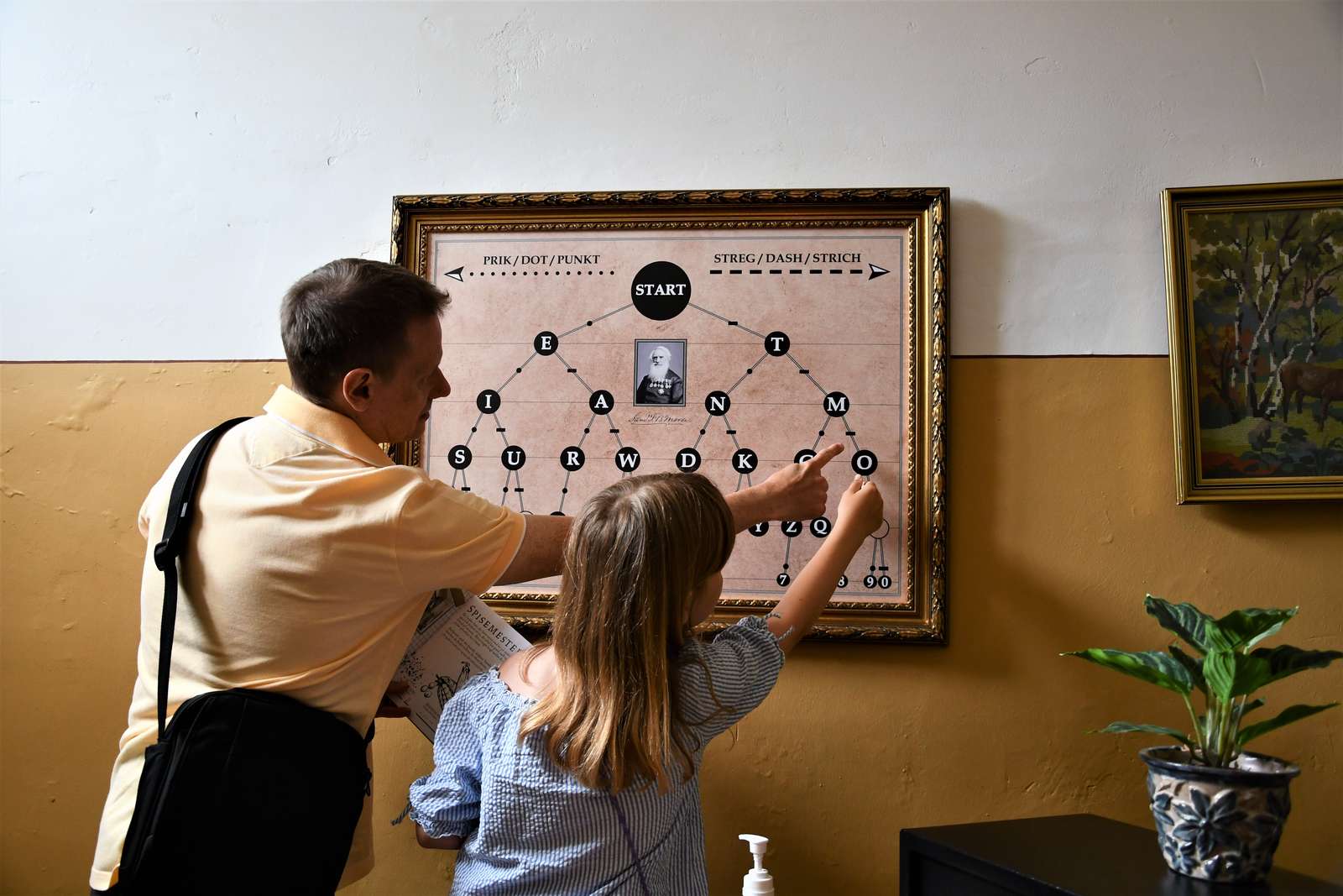 Far og datter peger på opgavetavle på Fængselsmuseet i Horsens