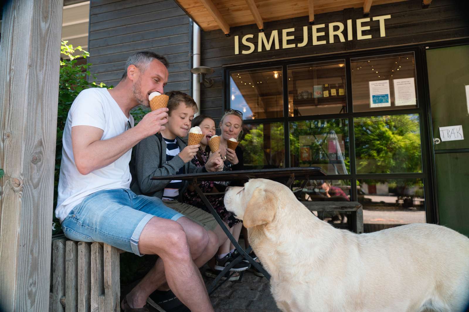 Familie spiser is ved ismejeriet hos Fru Møllers Mølleri, mens Fru Mølers hund kigger på