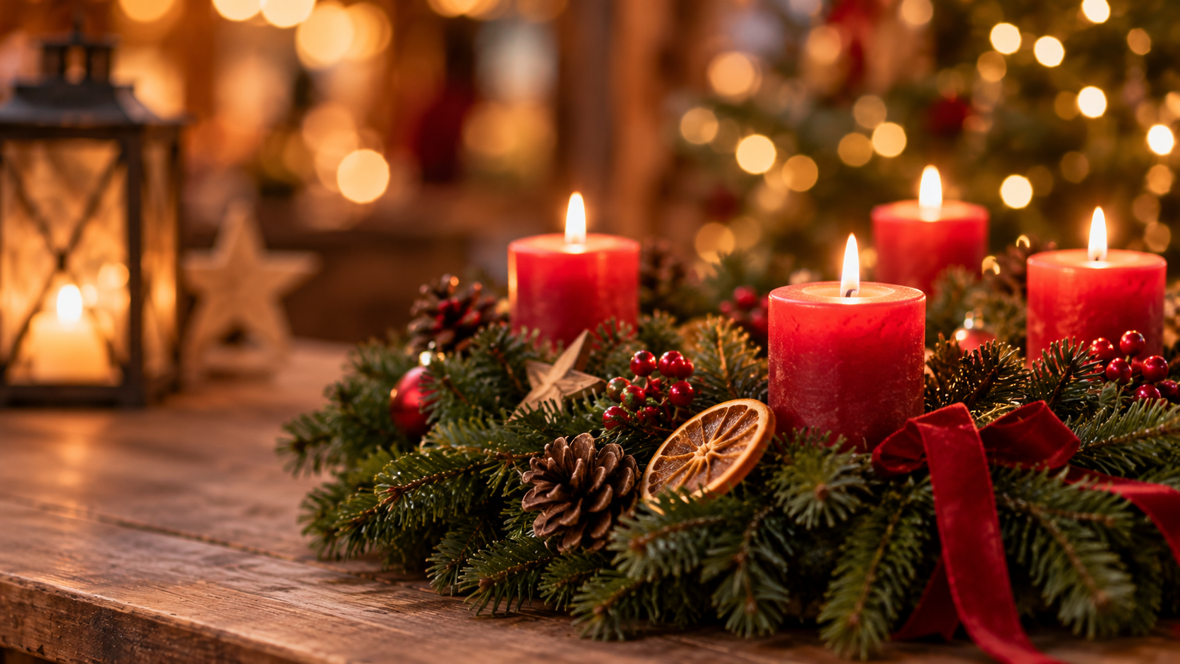 En adventskrans med tændte lys på et bord