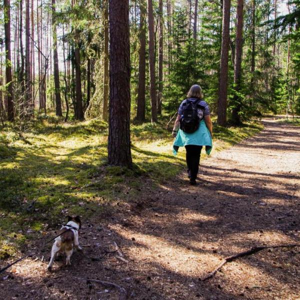 Woman walking with dog on a lead in a forest