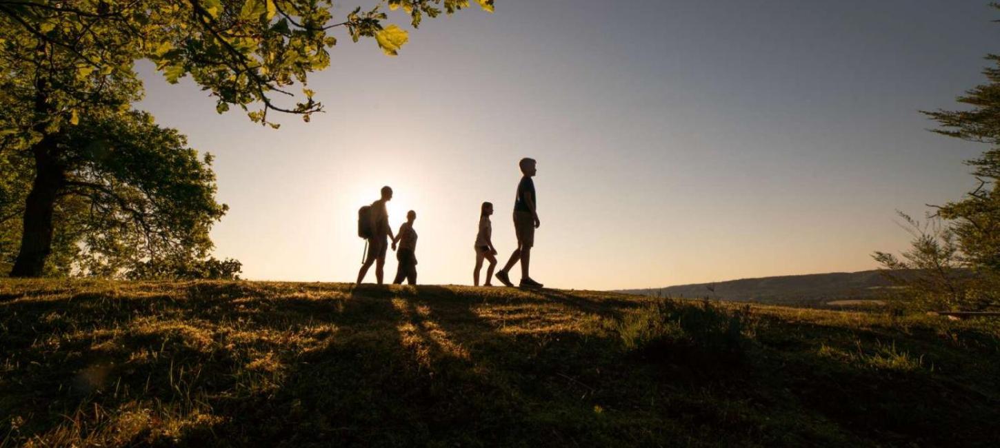 Family walking in the sunset at Sukkertoppen