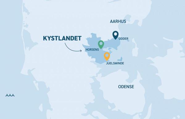 Kort over Kystlandet med markering af Odder, Horsens og Juelsminde