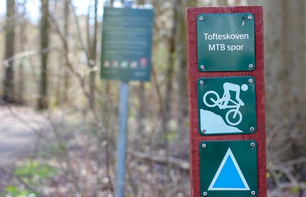 Blue trail sign on the mountain bike route in Tofte Forest in Juelsminde