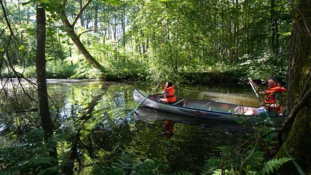 two people are sailing in canoe bei gudenåen bei klostermølle