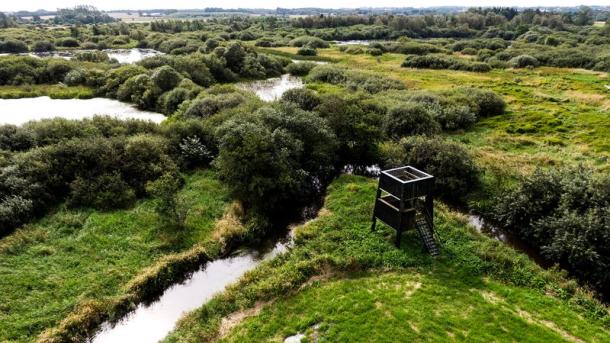 Drone photo of Uldum Marsh and the birdtower in the Costal land