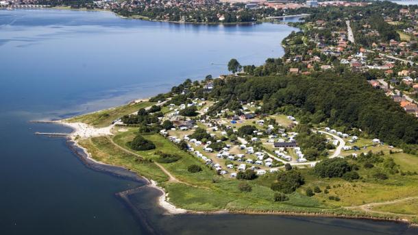 Aerial view of Husodde at Horsens Fjord with Husodde beach and Horsens City Camping