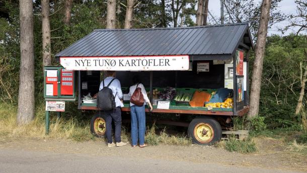 Man and woman shopping for vegetables at Tunø Kartofler (Potatoes) on Tunø - part of Destination Coastal Land