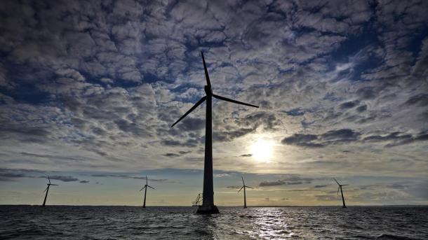 Wind turbines off the coast of Tunø in the offshore wind farm Tunø Knob