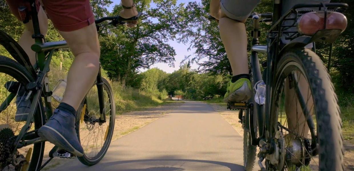 Two people riding their bicycles on a path