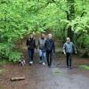 A family taking a walk in the forest with the dog