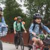 Dad, mum and daughter on a bicycle trip on the Bryrup Railway Path at The Uncovered Bridge in the Coastal Land 