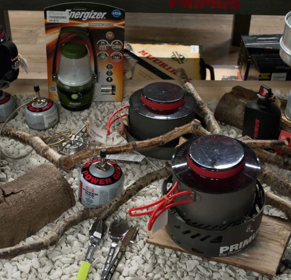Display with burners and trangia at the Huntinglife Shop in Hedensted.