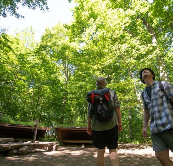 Two men on a hike at a shelter site in the forest