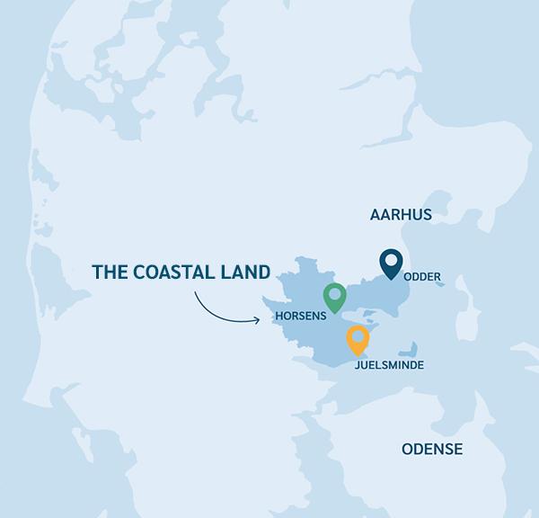 Map of the Coastal Land in Denmark - marking of the cities of Odder, Horsens and Juelsminde