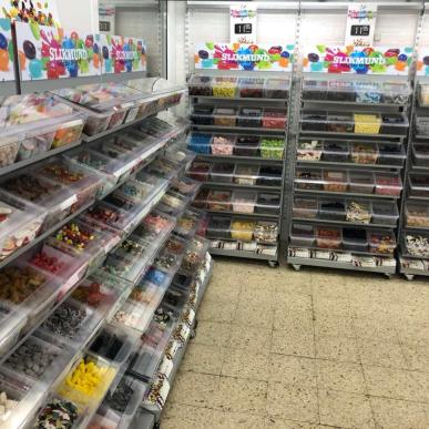 A large selection of pick-n-mix sweets at Strandshoppen in Saksild