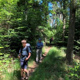 Family hiking in a forest at Sondrup