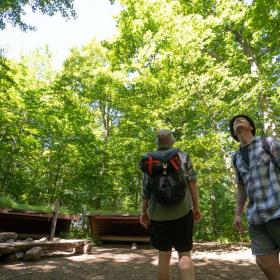Two men on a hike at a shelter site in the forest